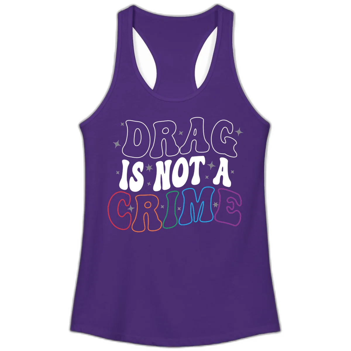 Drag is not a crime design with white and rainbow-colored outlined text on gray background in Solid Purple Rush