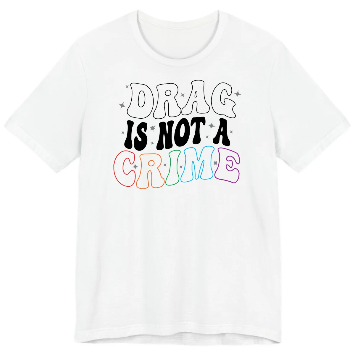 Drag is not a crime design with white and rainbow-colored outlined text on gray background in White