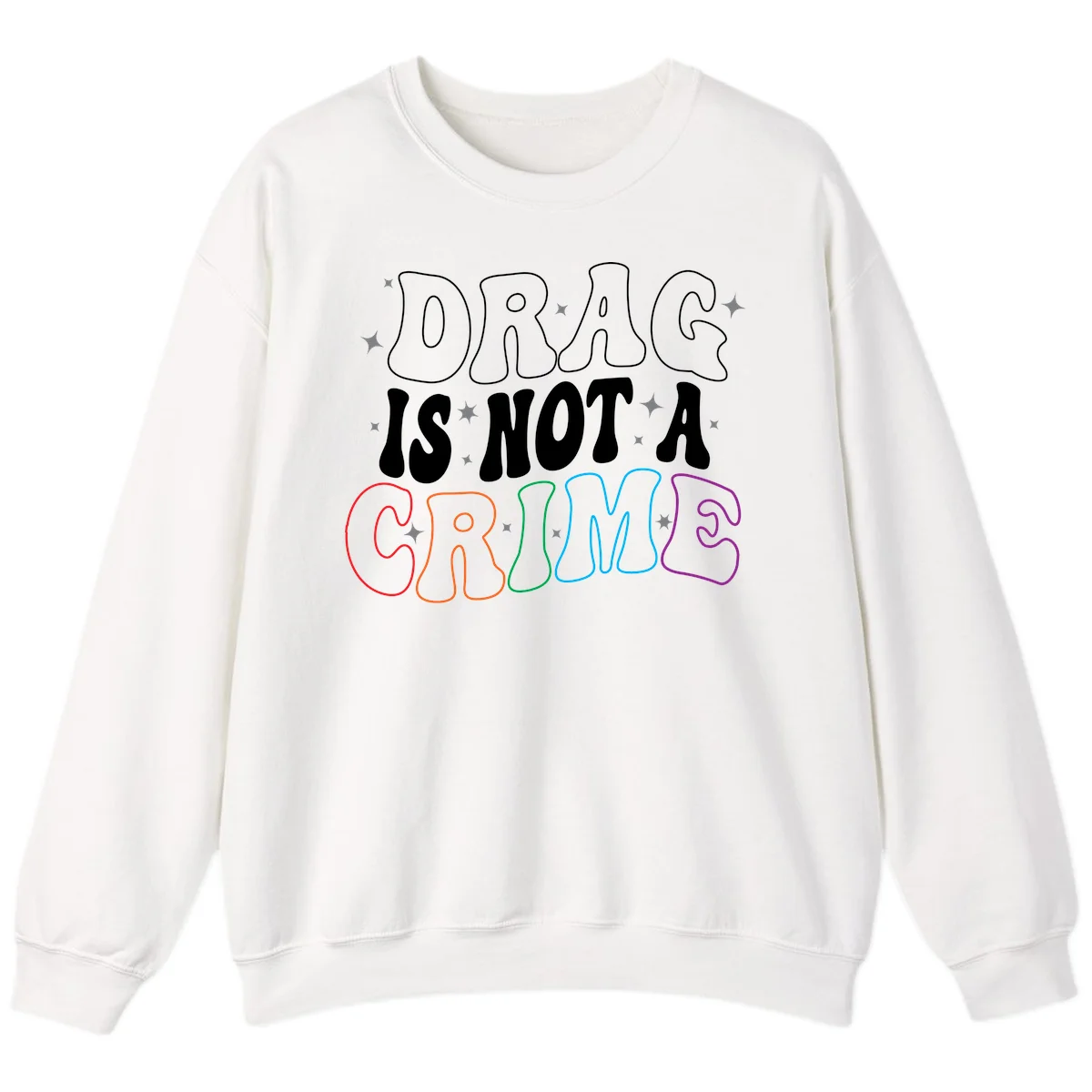 Drag is not a crime design with white and rainbow-colored outlined text on gray background in White