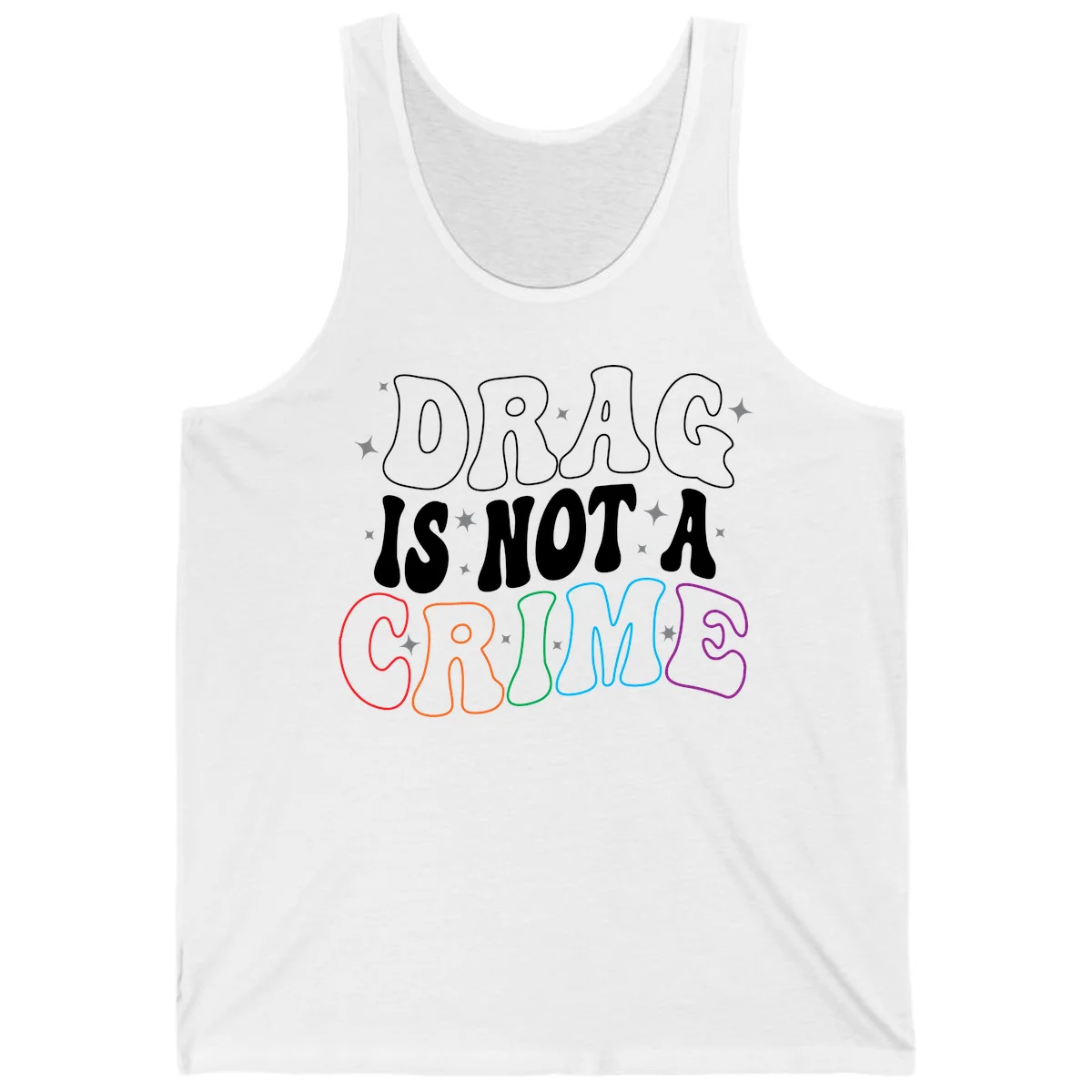Drag is not a crime design with white and rainbow-colored outlined text on gray background in White