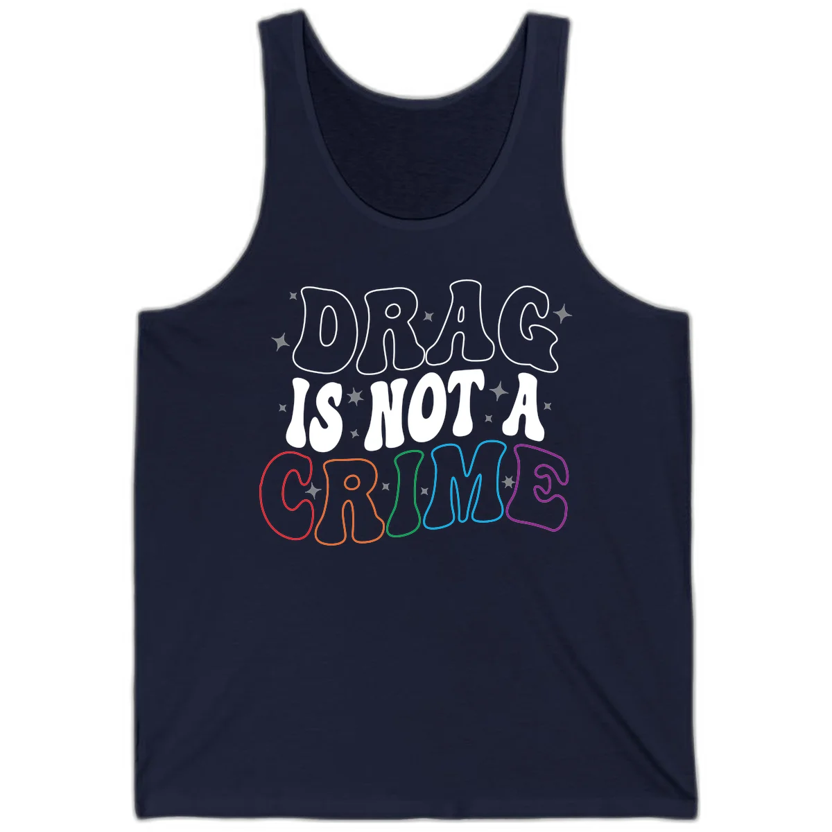 Drag is not a crime design with white and rainbow-colored outlined text on gray background in Navy