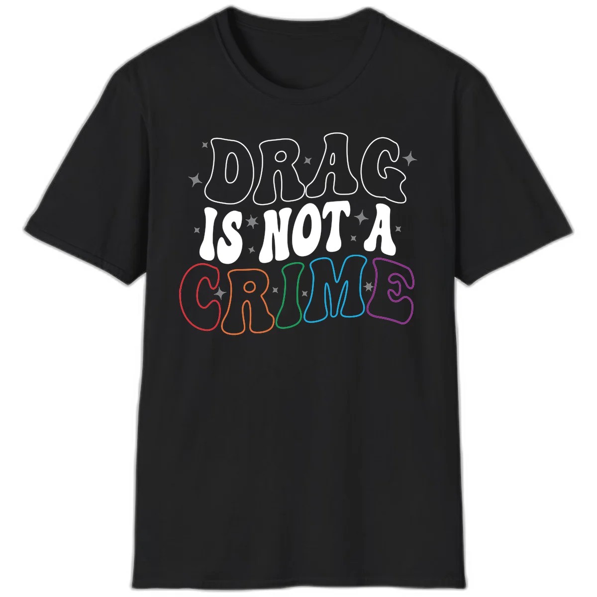 Drag is not a crime design with white and rainbow-colored outlined text on gray background in Black