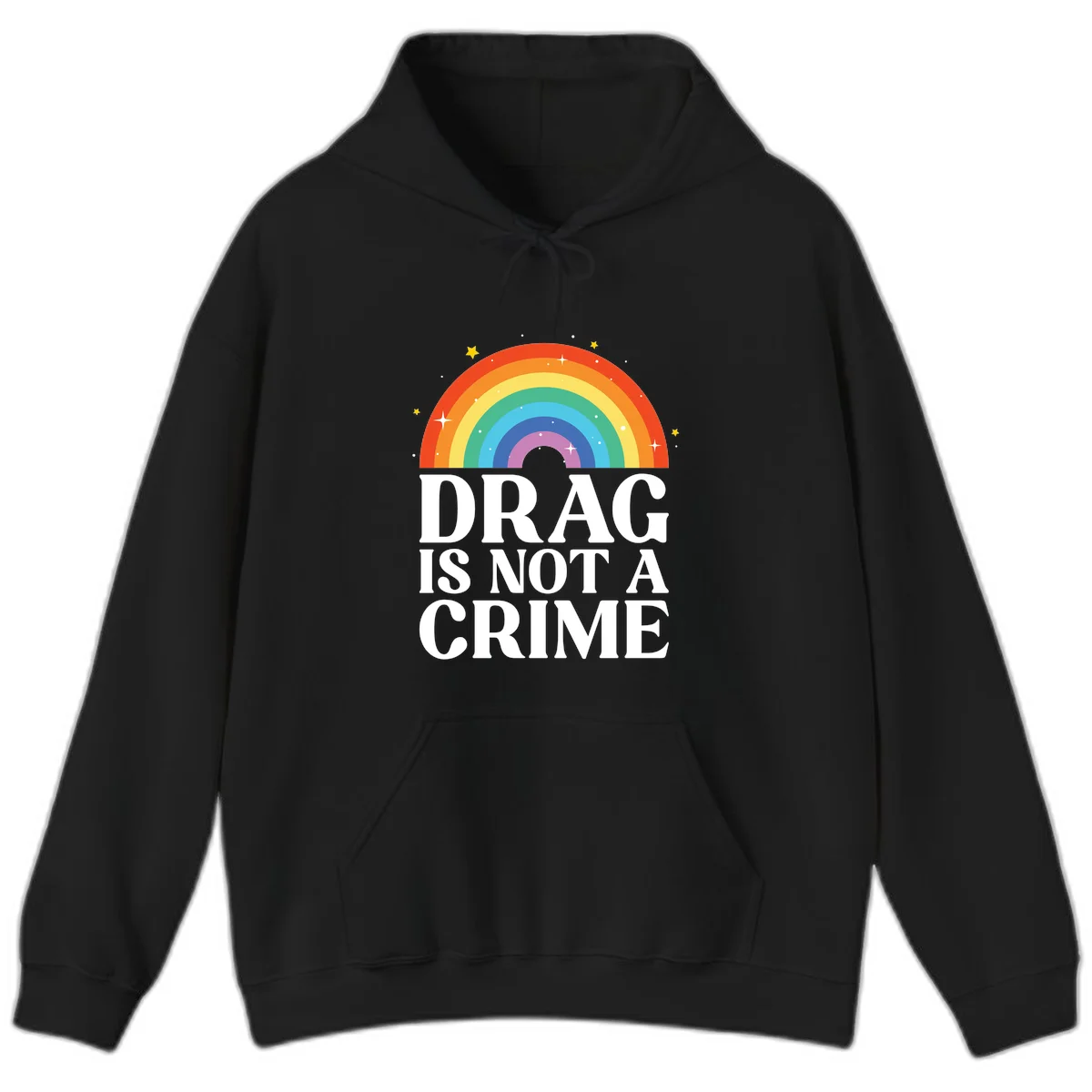 Colorful rainbow arc with stars above white text reading 'Drag Is Not A Crime' on gray background in Black