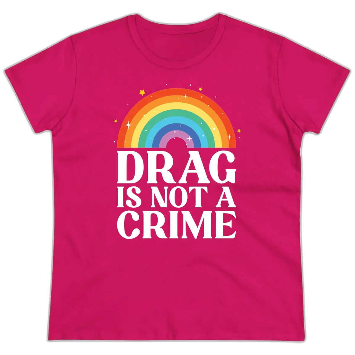Colorful rainbow arc with stars above white text reading 'Drag Is Not A Crime' on gray background in Heliconia