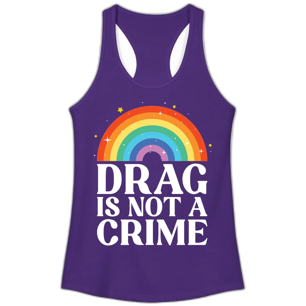 Colorful rainbow arc with stars above white text reading 'Drag Is Not A Crime' on gray background in Solid Purple Rush