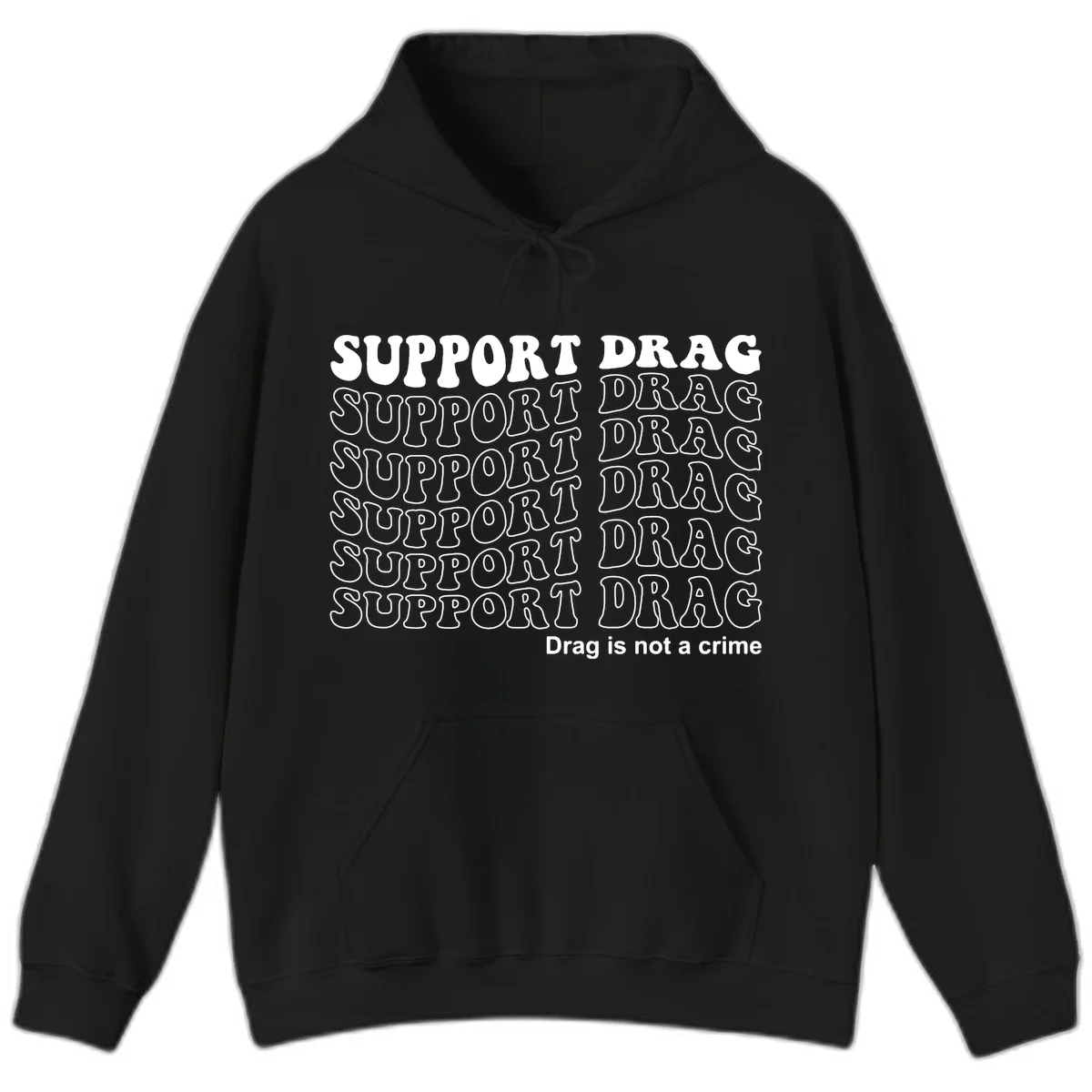 Gray t-shirt design with white text reading 'Support Drag' repeated throughout and 'Drag is not a crime' at bottom in Black