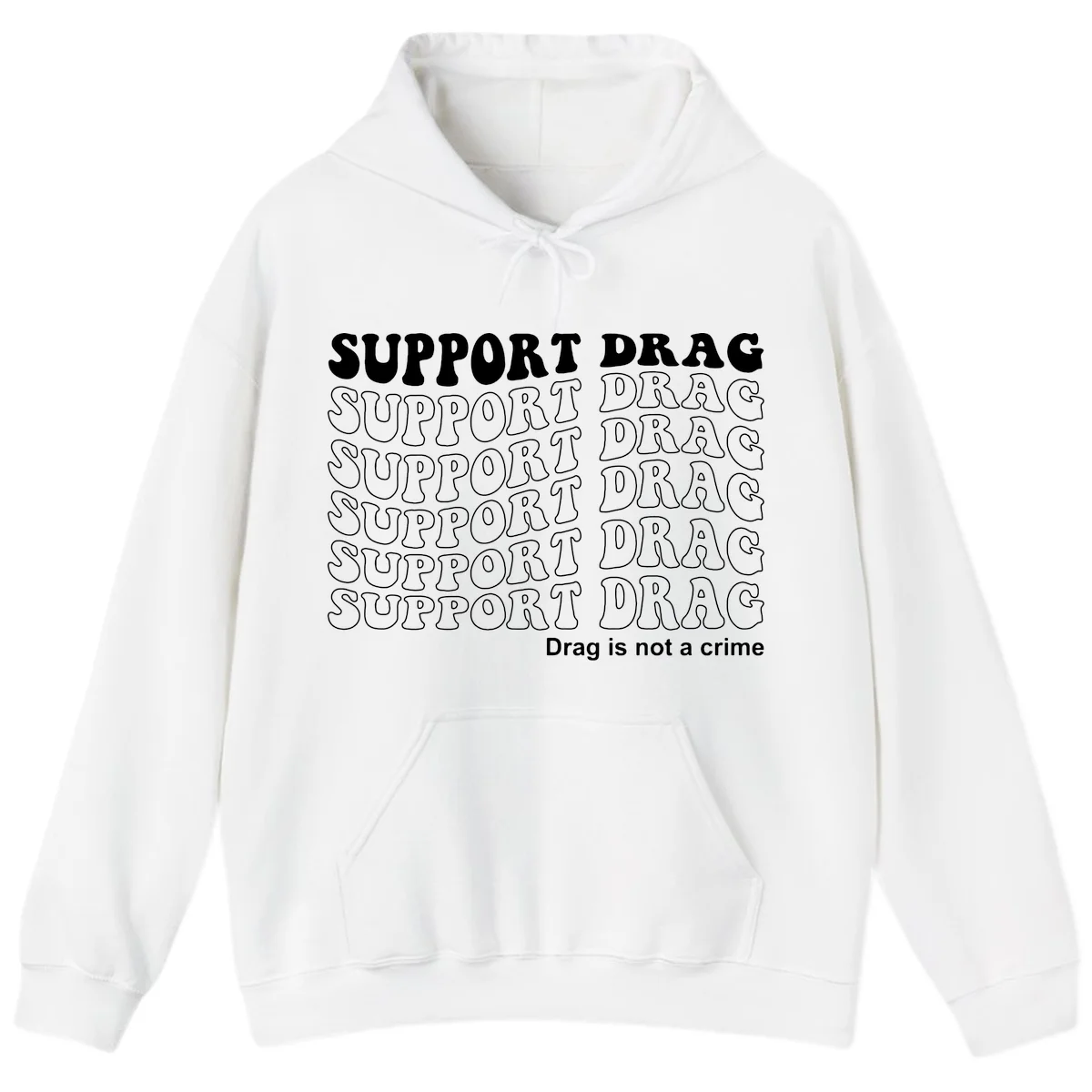 Gray t-shirt design with white text reading 'Support Drag' repeated throughout and 'Drag is not a crime' at bottom in White