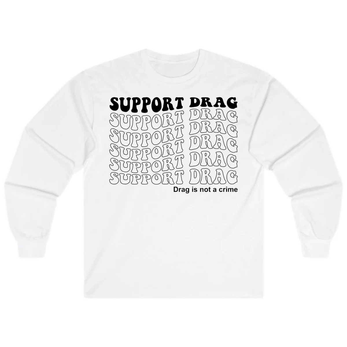Gray t-shirt design with white text reading 'Support Drag' repeated throughout and 'Drag is not a crime' at bottom in White