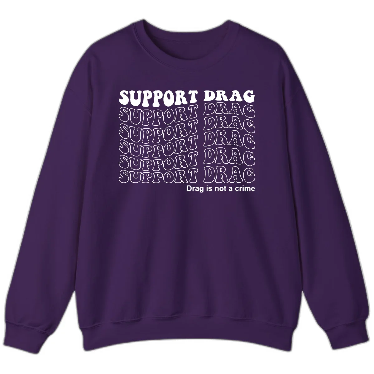 Gray t-shirt design with white text reading 'Support Drag' repeated throughout and 'Drag is not a crime' at bottom in Purple