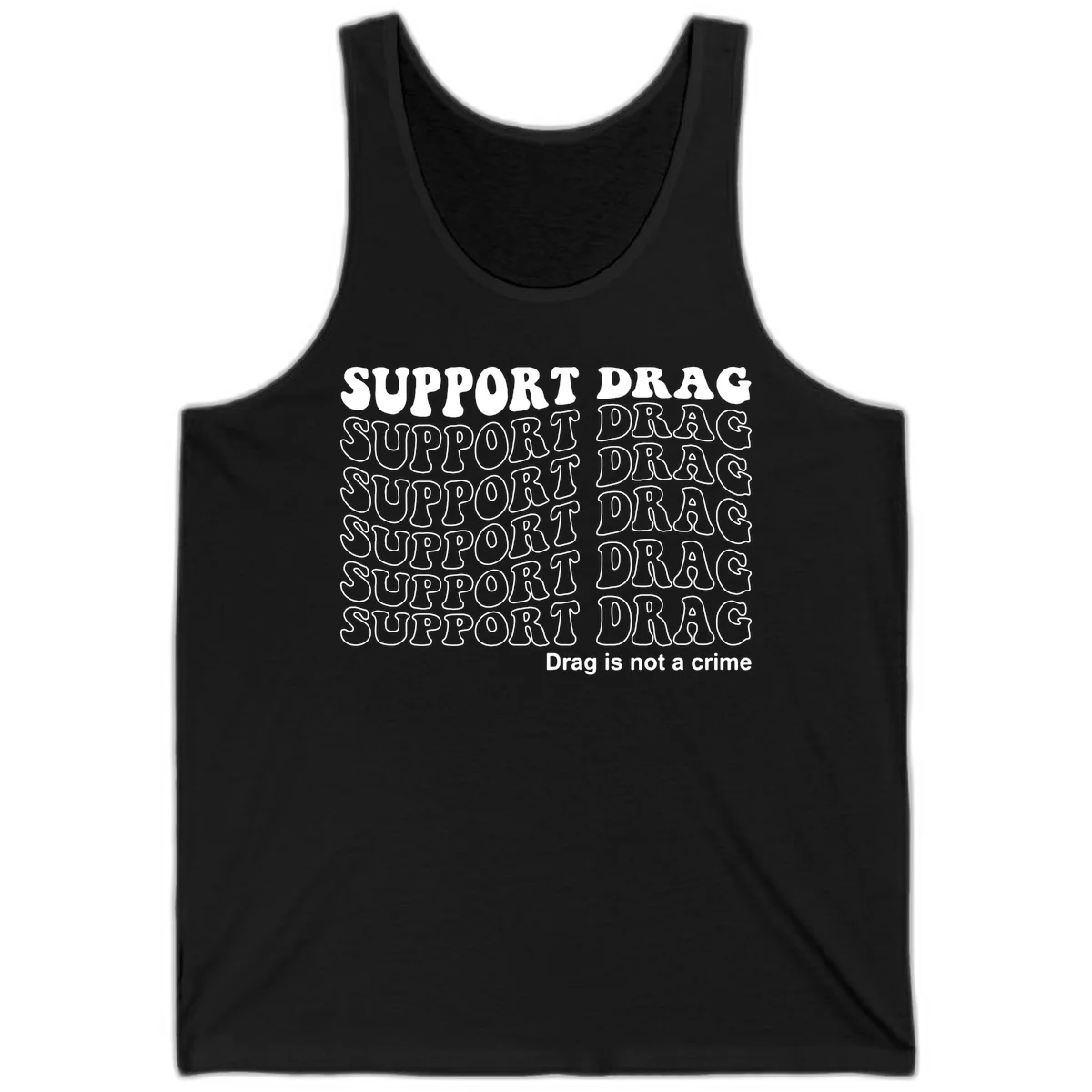 Gray t-shirt design with white text reading 'Support Drag' repeated throughout and 'Drag is not a crime' at bottom in Black