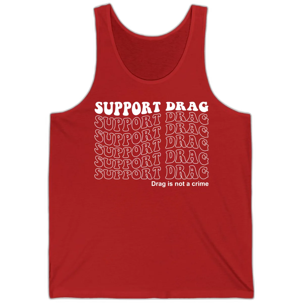 Gray t-shirt design with white text reading 'Support Drag' repeated throughout and 'Drag is not a crime' at bottom in Red