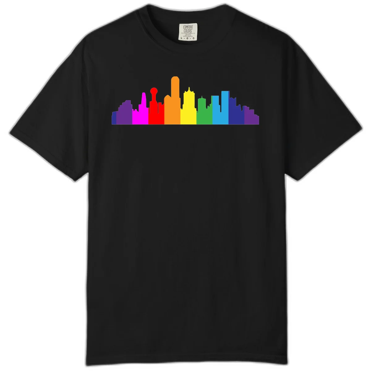 Colorful city skyline silhouette in rainbow pride colors transitioning from purple through red, orange, yellow, green, cyan and blue in Black