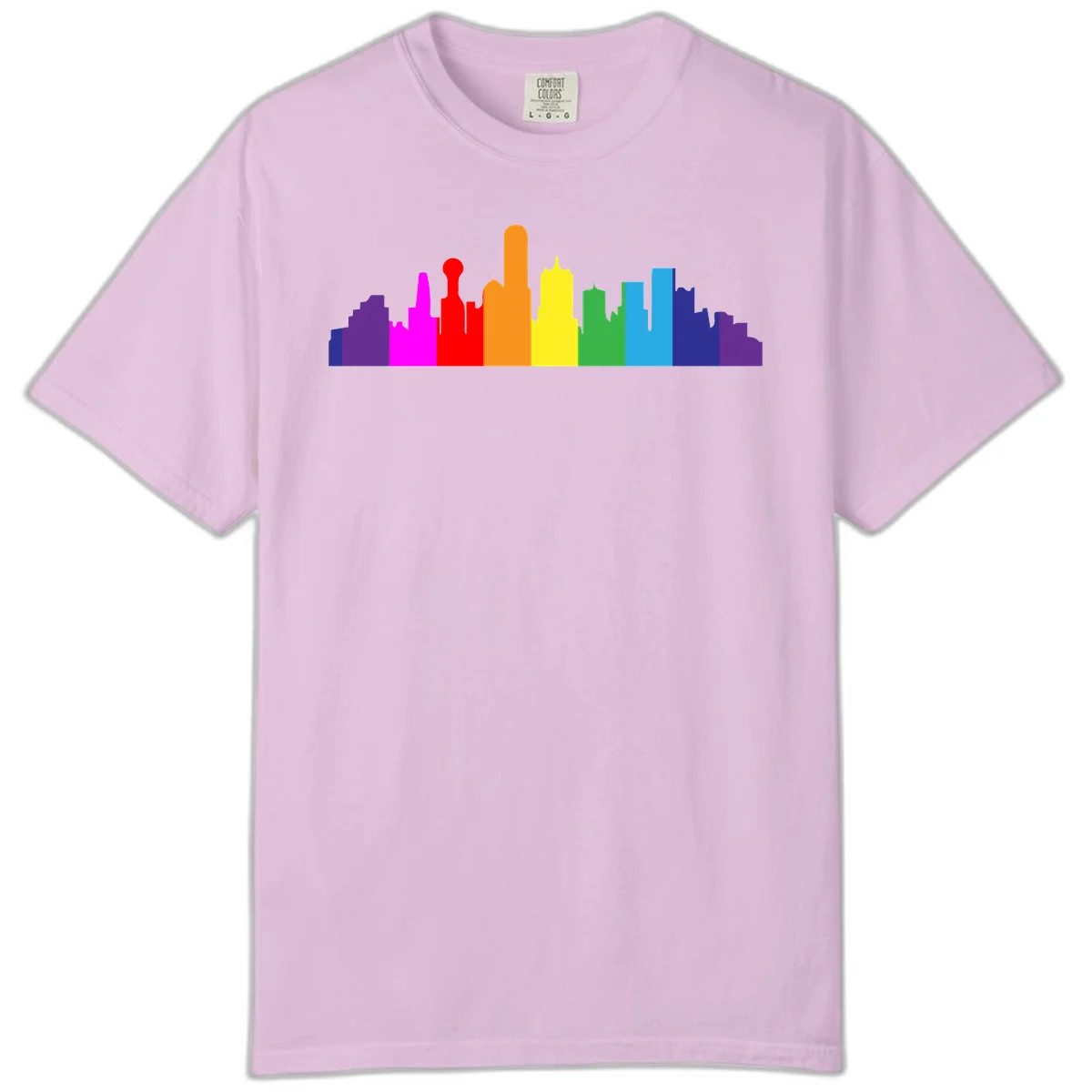 Colorful city skyline silhouette in rainbow pride colors transitioning from purple through red, orange, yellow, green, cyan and blue in Orchid