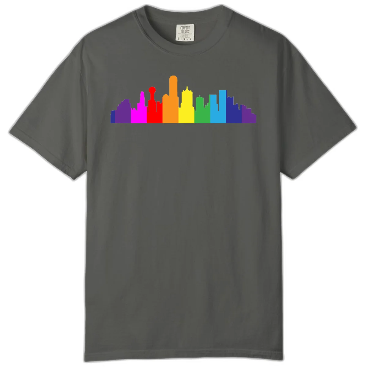 Colorful city skyline silhouette in rainbow pride colors transitioning from purple through red, orange, yellow, green, cyan and blue in Pepper