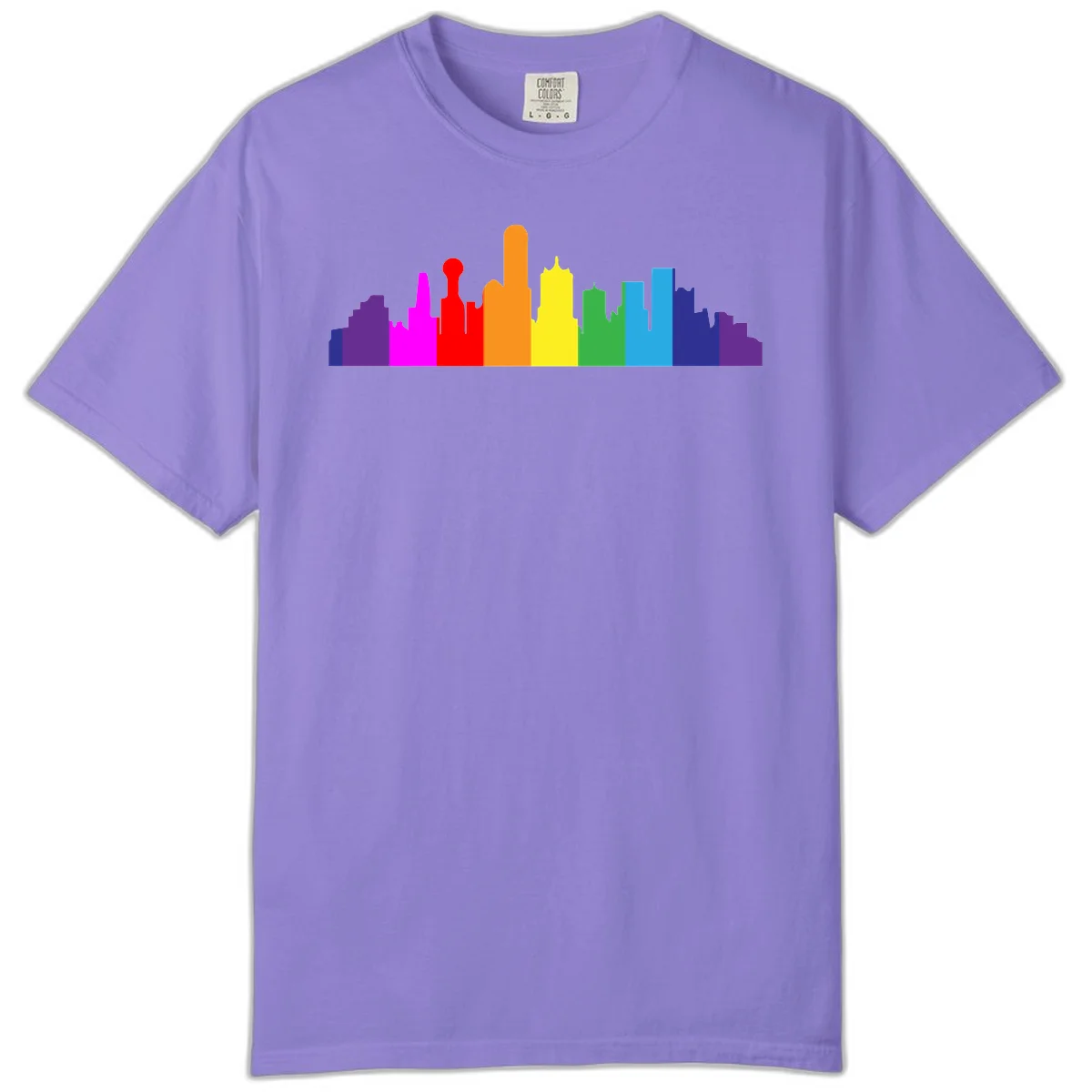 Colorful city skyline silhouette in rainbow pride colors transitioning from purple through red, orange, yellow, green, cyan and blue in Violet