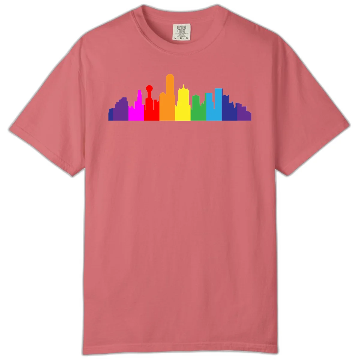 Colorful city skyline silhouette in rainbow pride colors transitioning from purple through red, orange, yellow, green, cyan and blue in Watermelon