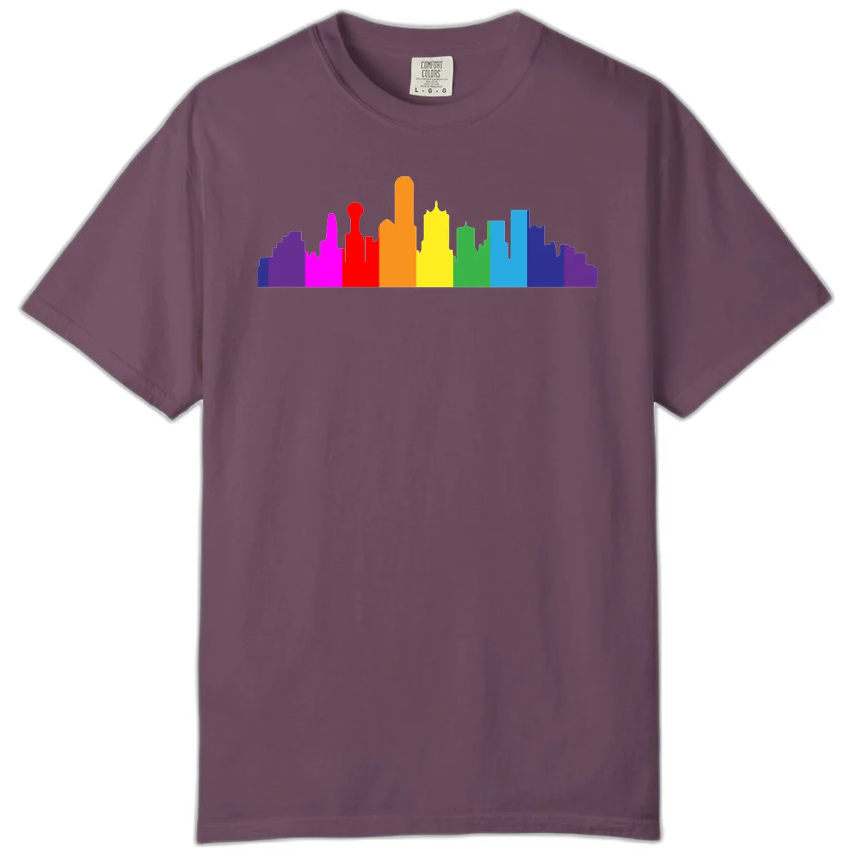 Colorful city skyline silhouette in rainbow pride colors transitioning from purple through red, orange, yellow, green, cyan and blue in Berry