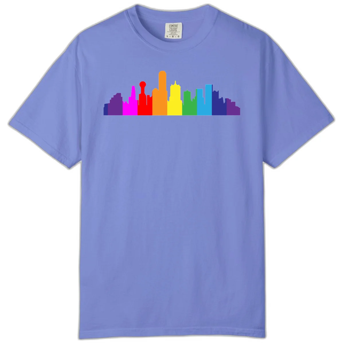 Colorful city skyline silhouette in rainbow pride colors transitioning from purple through red, orange, yellow, green, cyan and blue in Flo Blue