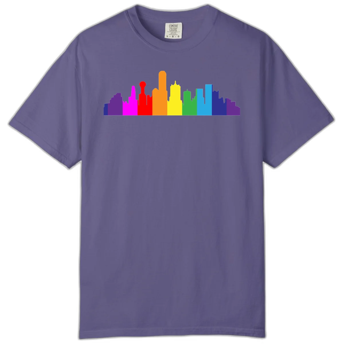 Colorful city skyline silhouette in rainbow pride colors transitioning from purple through red, orange, yellow, green, cyan and blue in Grape