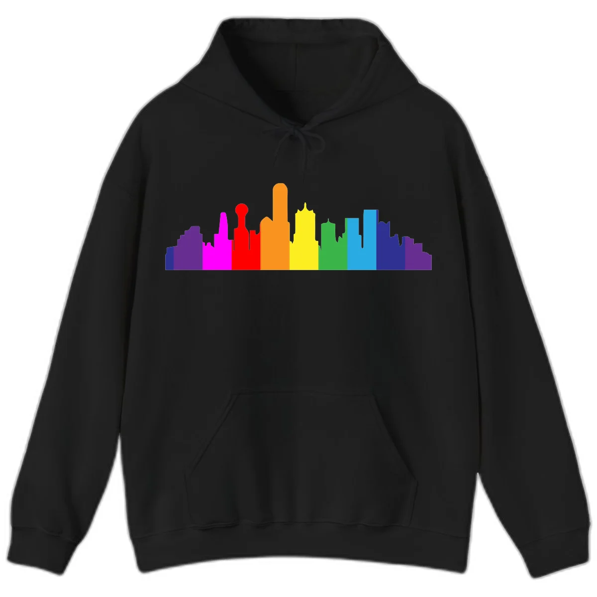 Colorful city skyline silhouette in rainbow pride colors transitioning from purple through red, orange, yellow, green, cyan and blue in Black