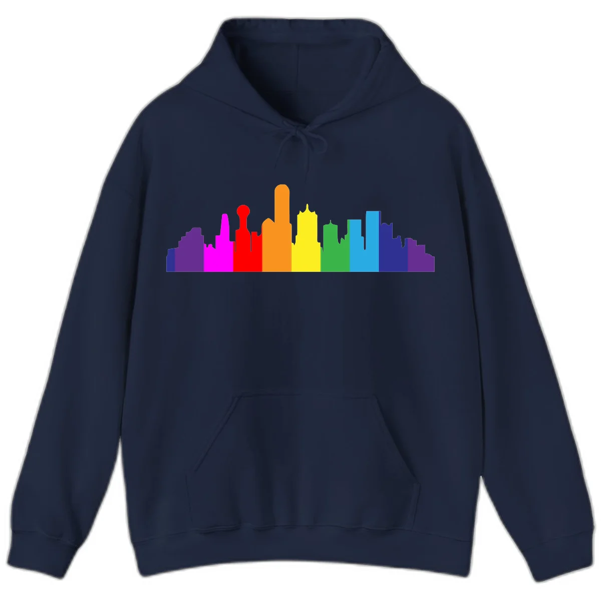 Colorful city skyline silhouette in rainbow pride colors transitioning from purple through red, orange, yellow, green, cyan and blue in Navy
