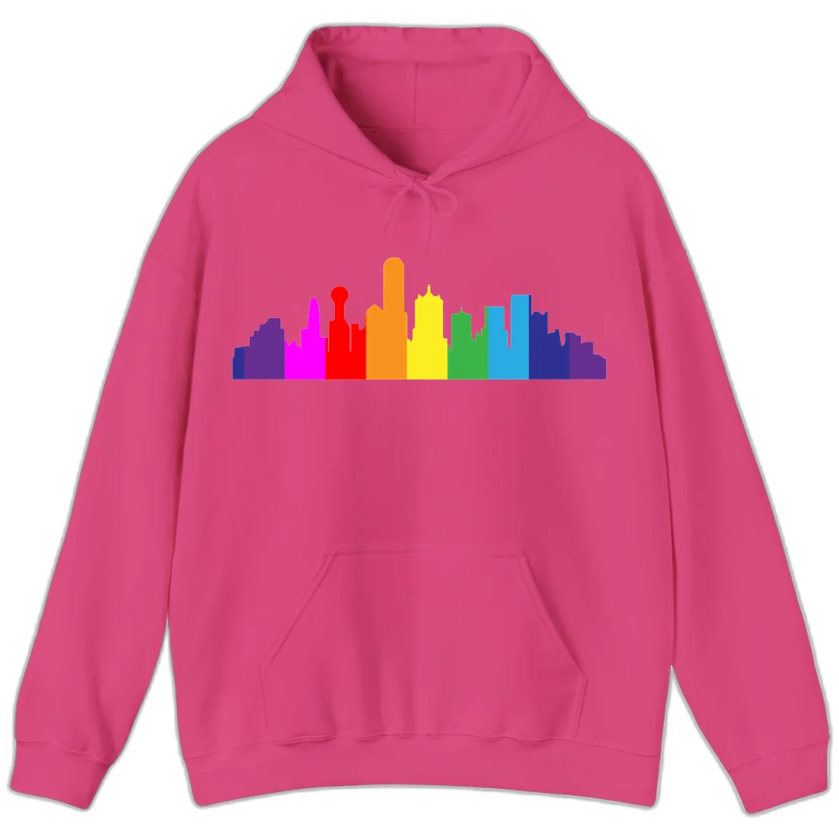 Colorful city skyline silhouette in rainbow pride colors transitioning from purple through red, orange, yellow, green, cyan and blue in Heliconia