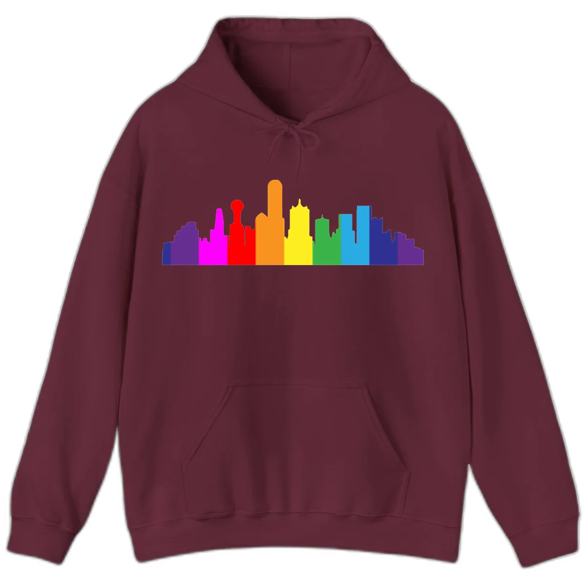 Colorful city skyline silhouette in rainbow pride colors transitioning from purple through red, orange, yellow, green, cyan and blue in Maroon