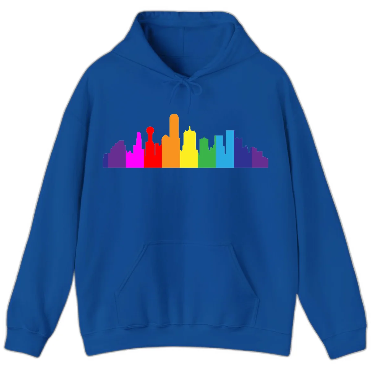 Colorful city skyline silhouette in rainbow pride colors transitioning from purple through red, orange, yellow, green, cyan and blue in Royal
