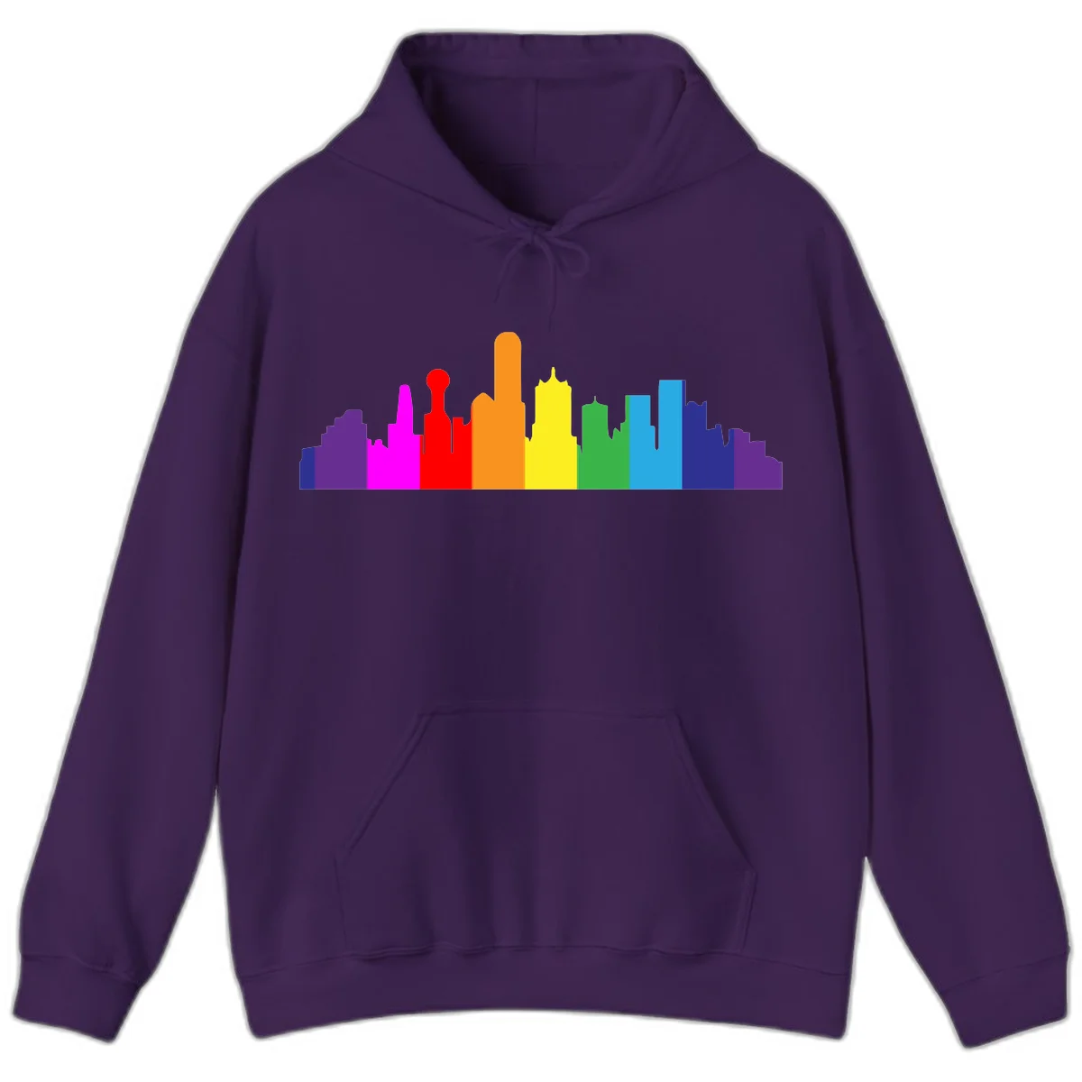 Colorful city skyline silhouette in rainbow pride colors transitioning from purple through red, orange, yellow, green, cyan and blue in Purple