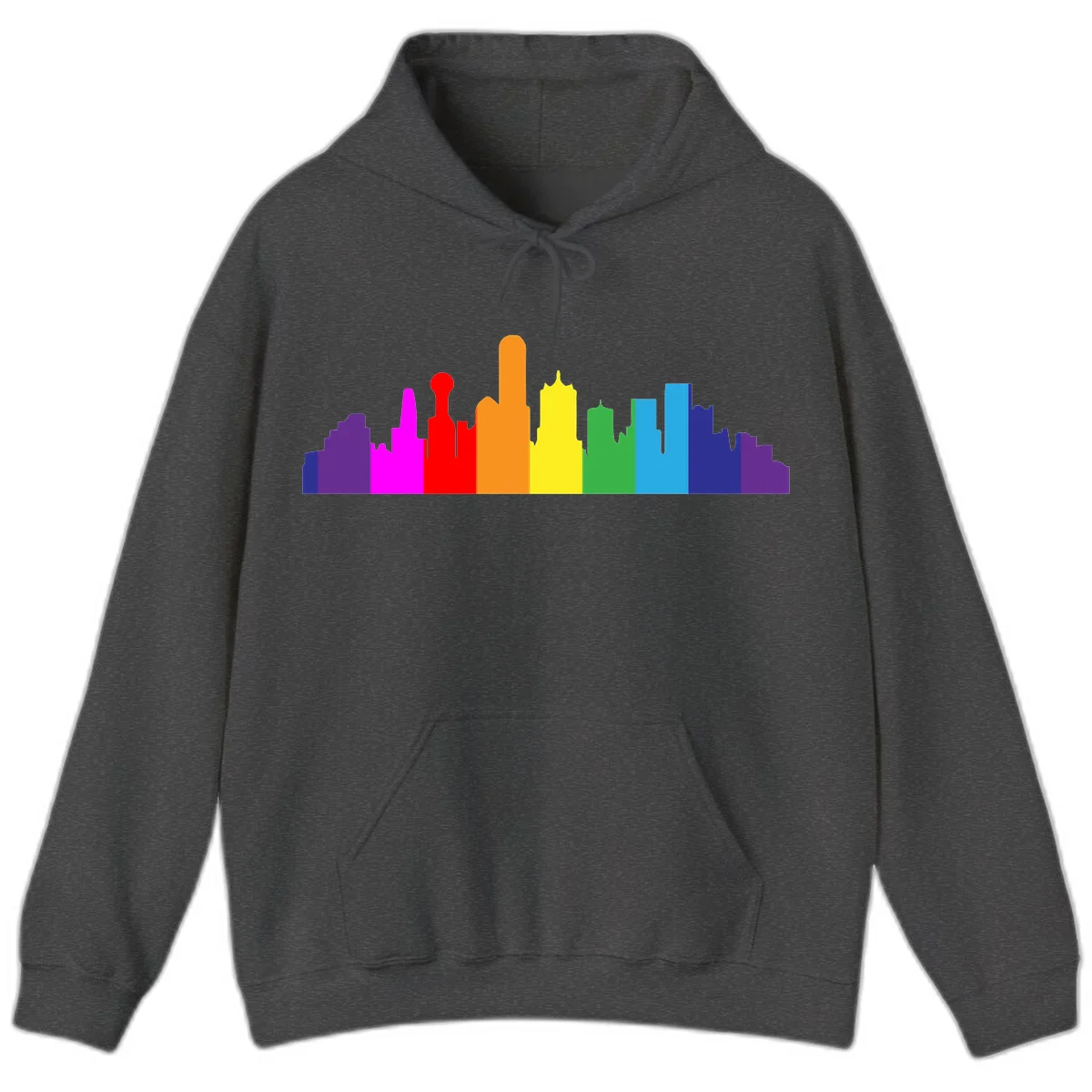 Colorful city skyline silhouette in rainbow pride colors transitioning from purple through red, orange, yellow, green, cyan and blue in Dark Heather