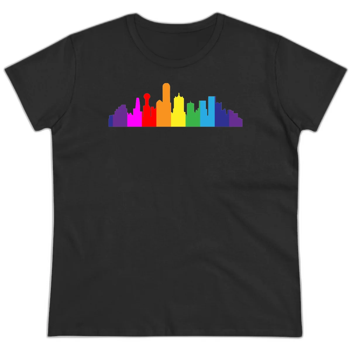 Colorful city skyline silhouette in rainbow pride colors transitioning from purple through red, orange, yellow, green, cyan and blue in Black
