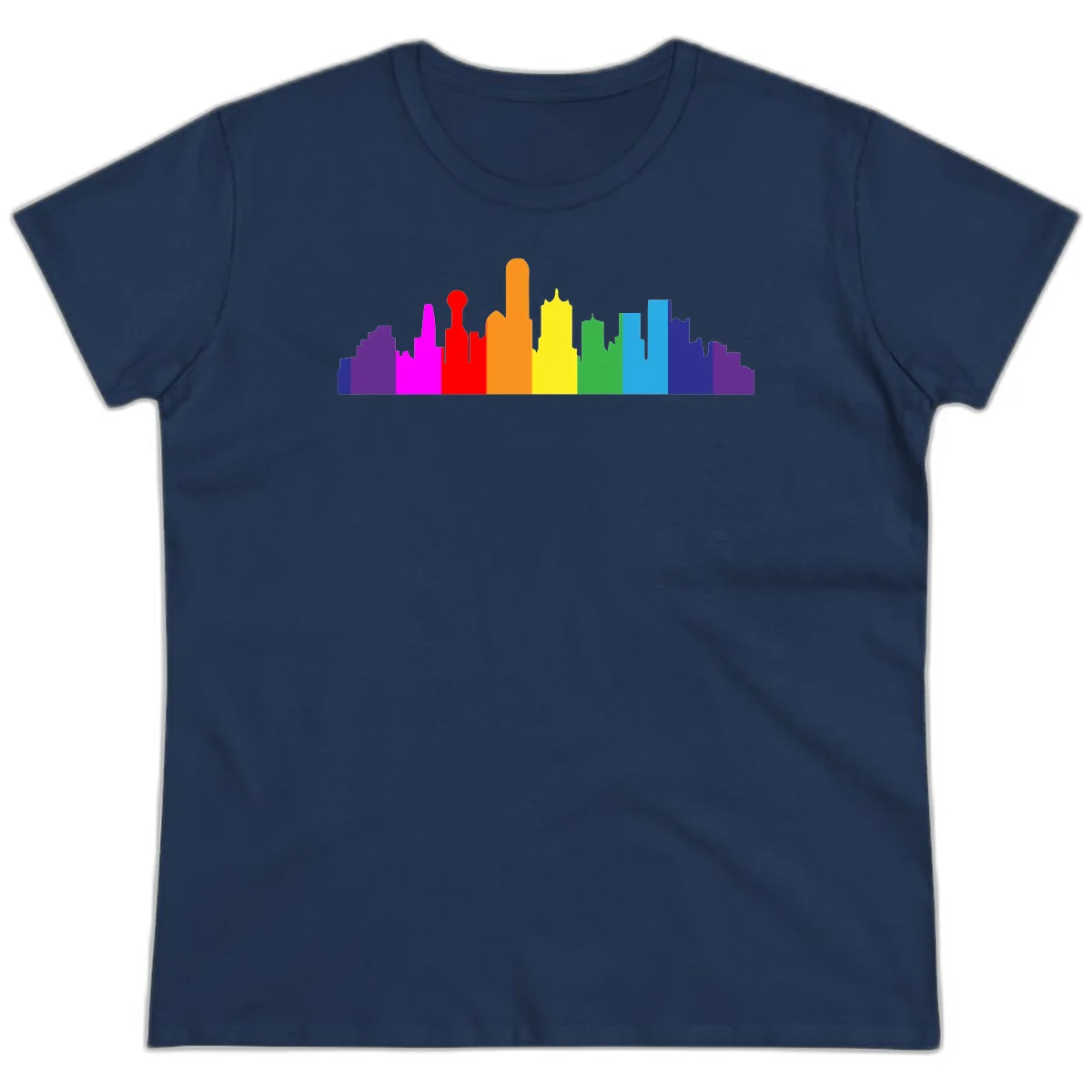 Colorful city skyline silhouette in rainbow pride colors transitioning from purple through red, orange, yellow, green, cyan and blue in Navy