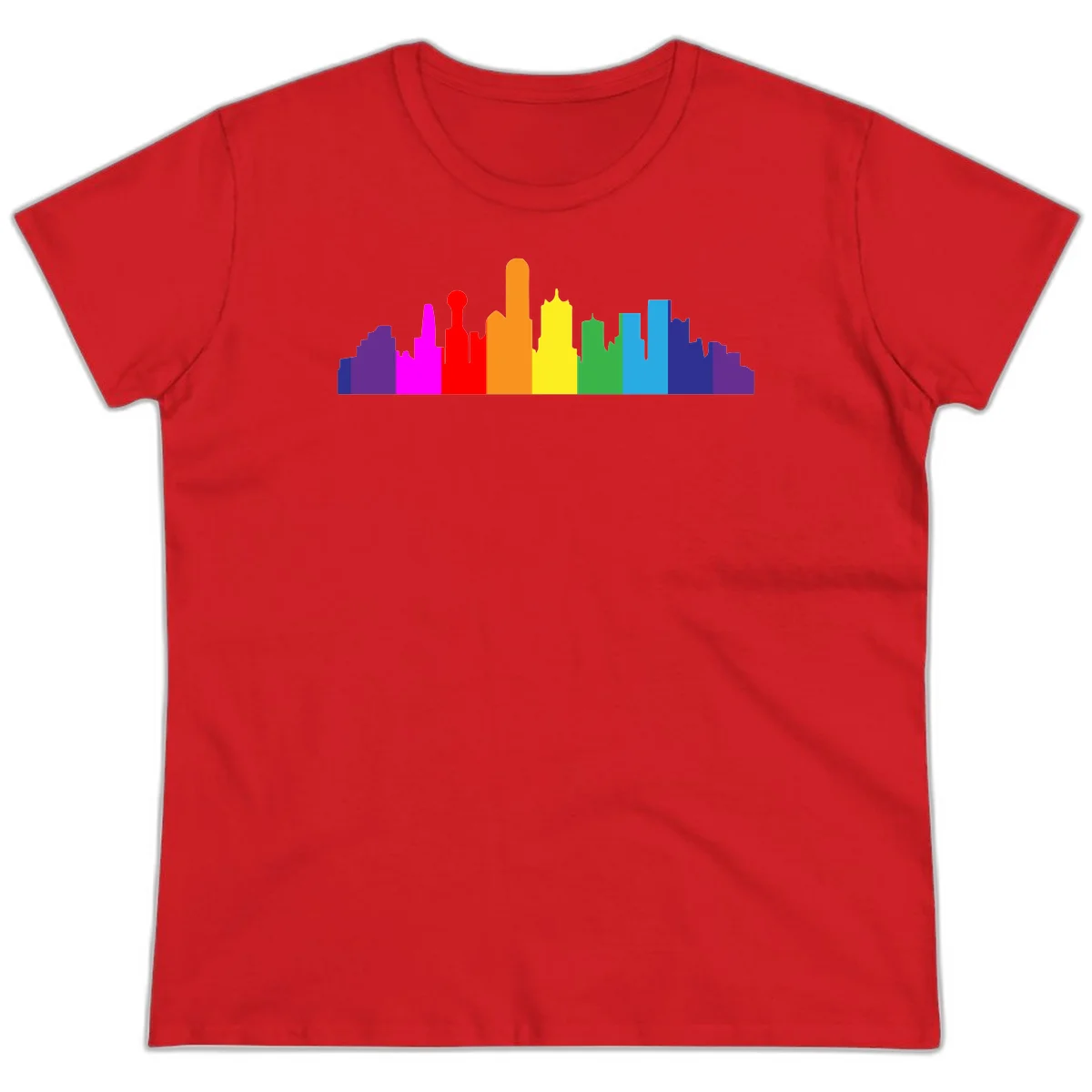 Colorful city skyline silhouette in rainbow pride colors transitioning from purple through red, orange, yellow, green, cyan and blue in Red