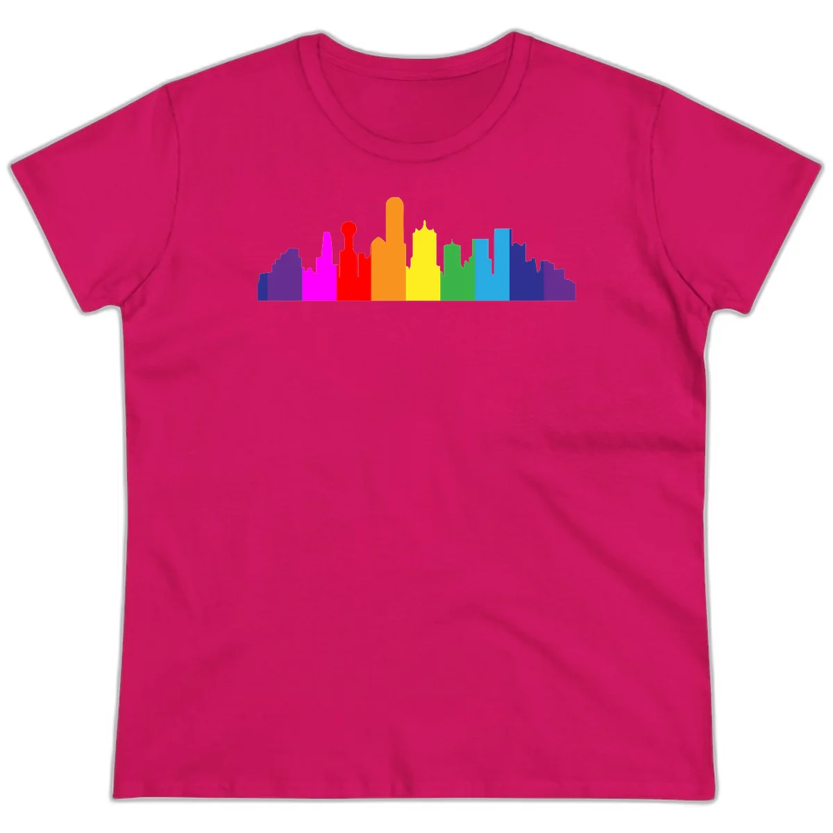 Colorful city skyline silhouette in rainbow pride colors transitioning from purple through red, orange, yellow, green, cyan and blue in Heliconia