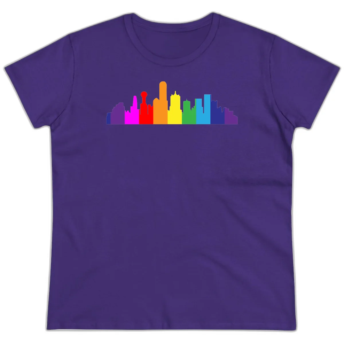 Colorful city skyline silhouette in rainbow pride colors transitioning from purple through red, orange, yellow, green, cyan and blue in Purple