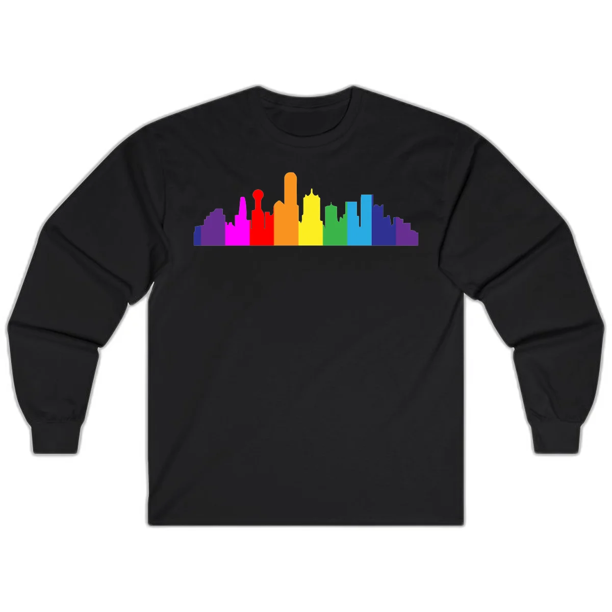 Colorful city skyline silhouette in rainbow pride colors transitioning from purple through red, orange, yellow, green, cyan and blue in Black