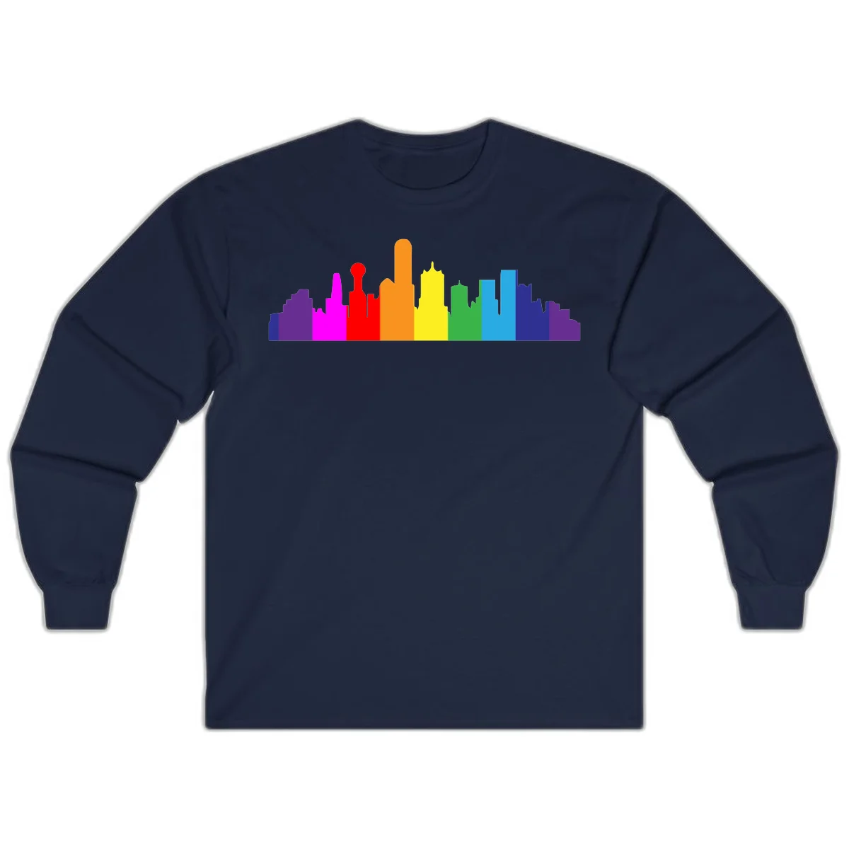 Colorful city skyline silhouette in rainbow pride colors transitioning from purple through red, orange, yellow, green, cyan and blue in Navy