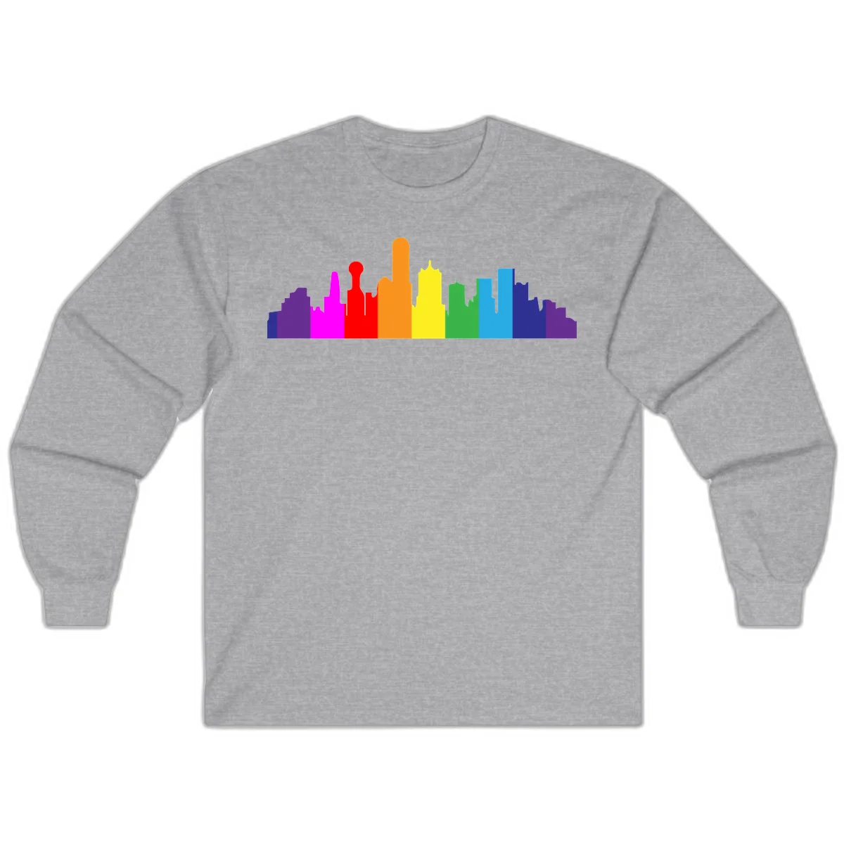 Colorful city skyline silhouette in rainbow pride colors transitioning from purple through red, orange, yellow, green, cyan and blue in Sport Grey