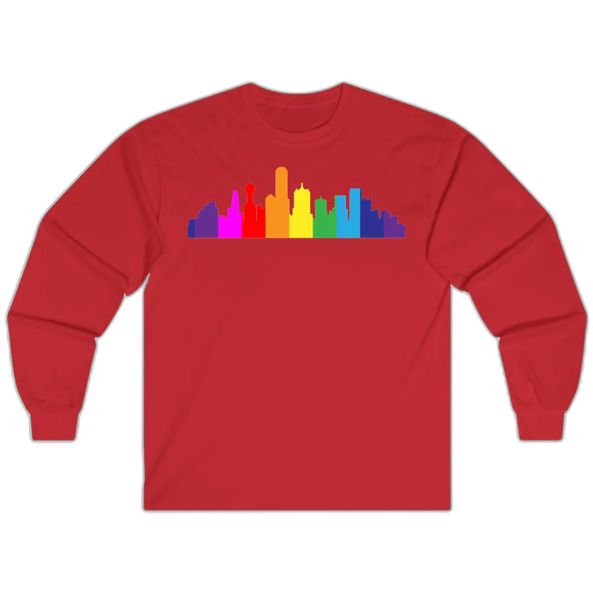 Colorful city skyline silhouette in rainbow pride colors transitioning from purple through red, orange, yellow, green, cyan and blue in Red