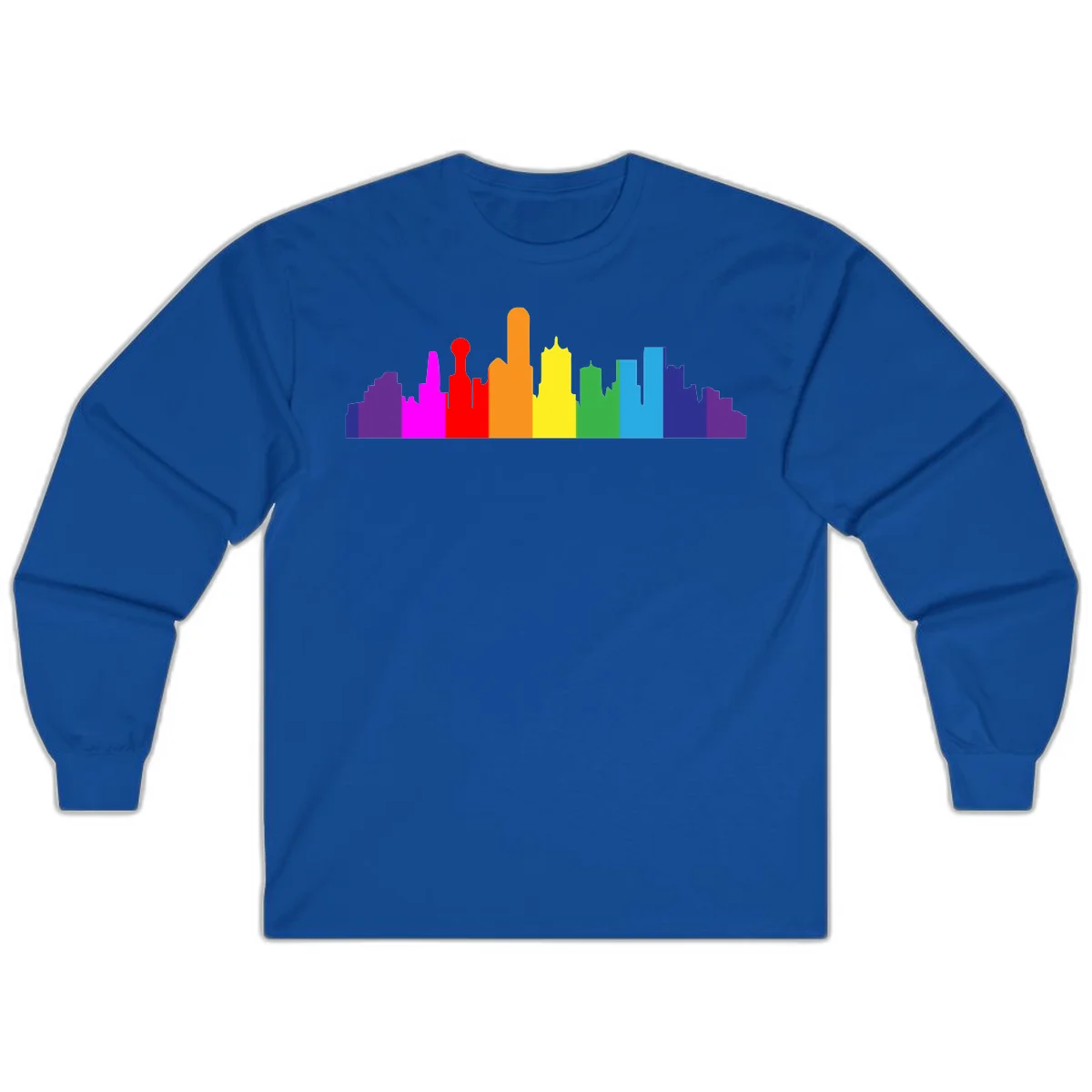 Colorful city skyline silhouette in rainbow pride colors transitioning from purple through red, orange, yellow, green, cyan and blue in Royal