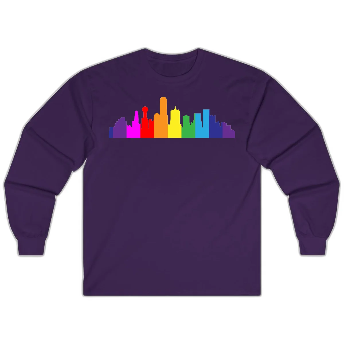 Colorful city skyline silhouette in rainbow pride colors transitioning from purple through red, orange, yellow, green, cyan and blue in Purple