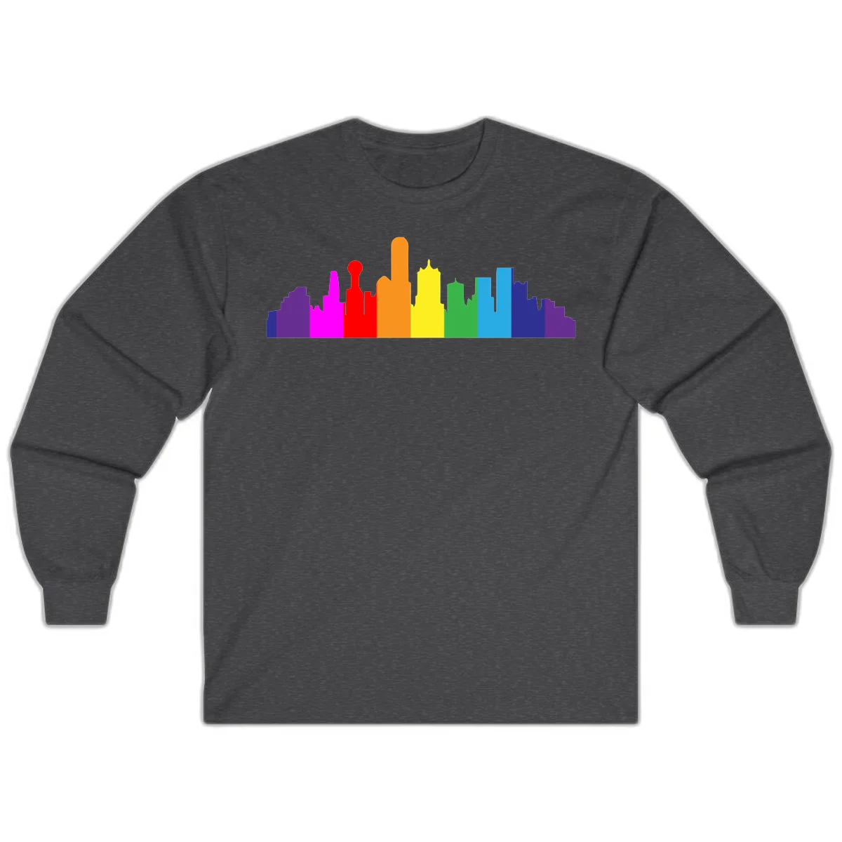 Colorful city skyline silhouette in rainbow pride colors transitioning from purple through red, orange, yellow, green, cyan and blue in Dark Heather