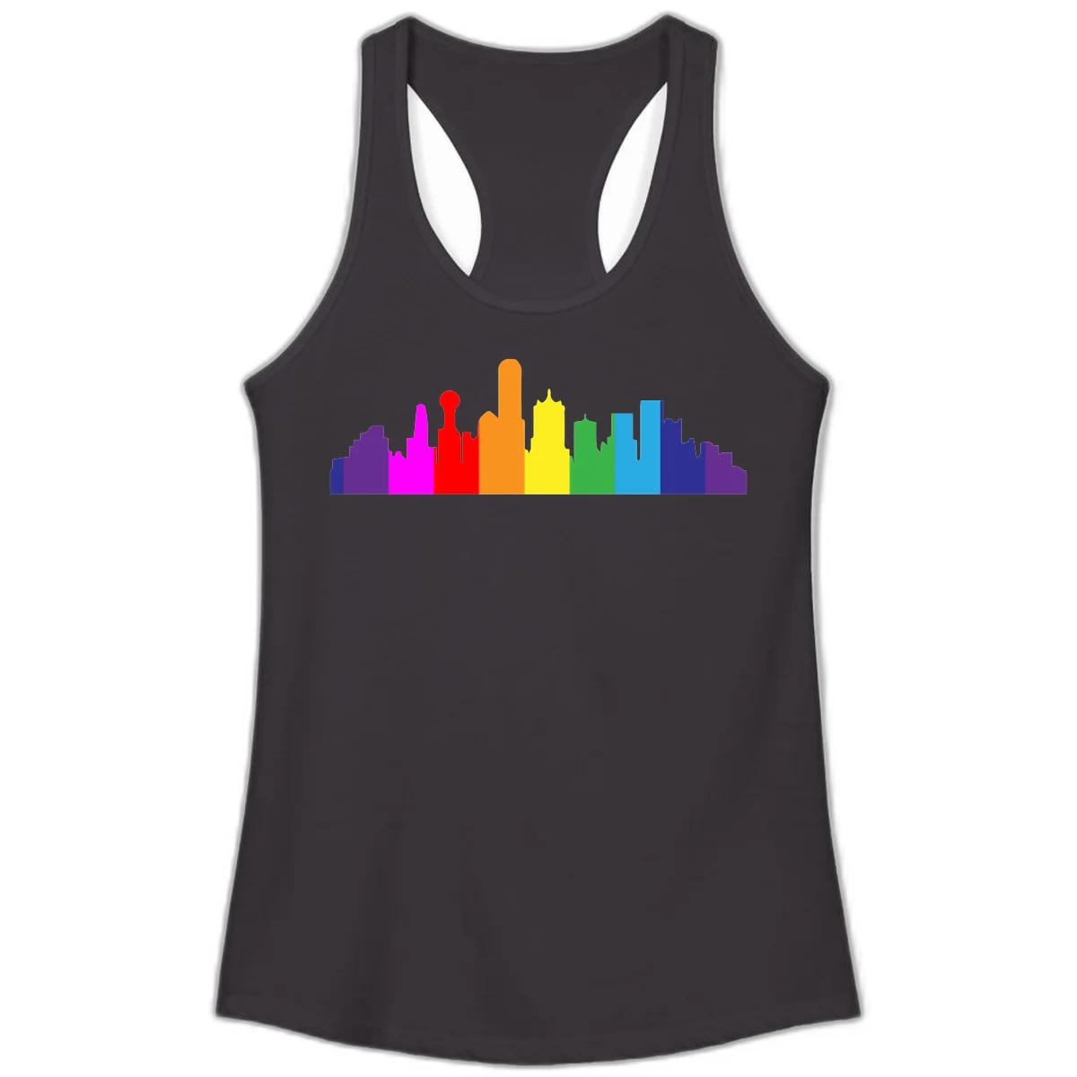 Colorful city skyline silhouette in rainbow pride colors transitioning from purple through red, orange, yellow, green, cyan and blue in Black