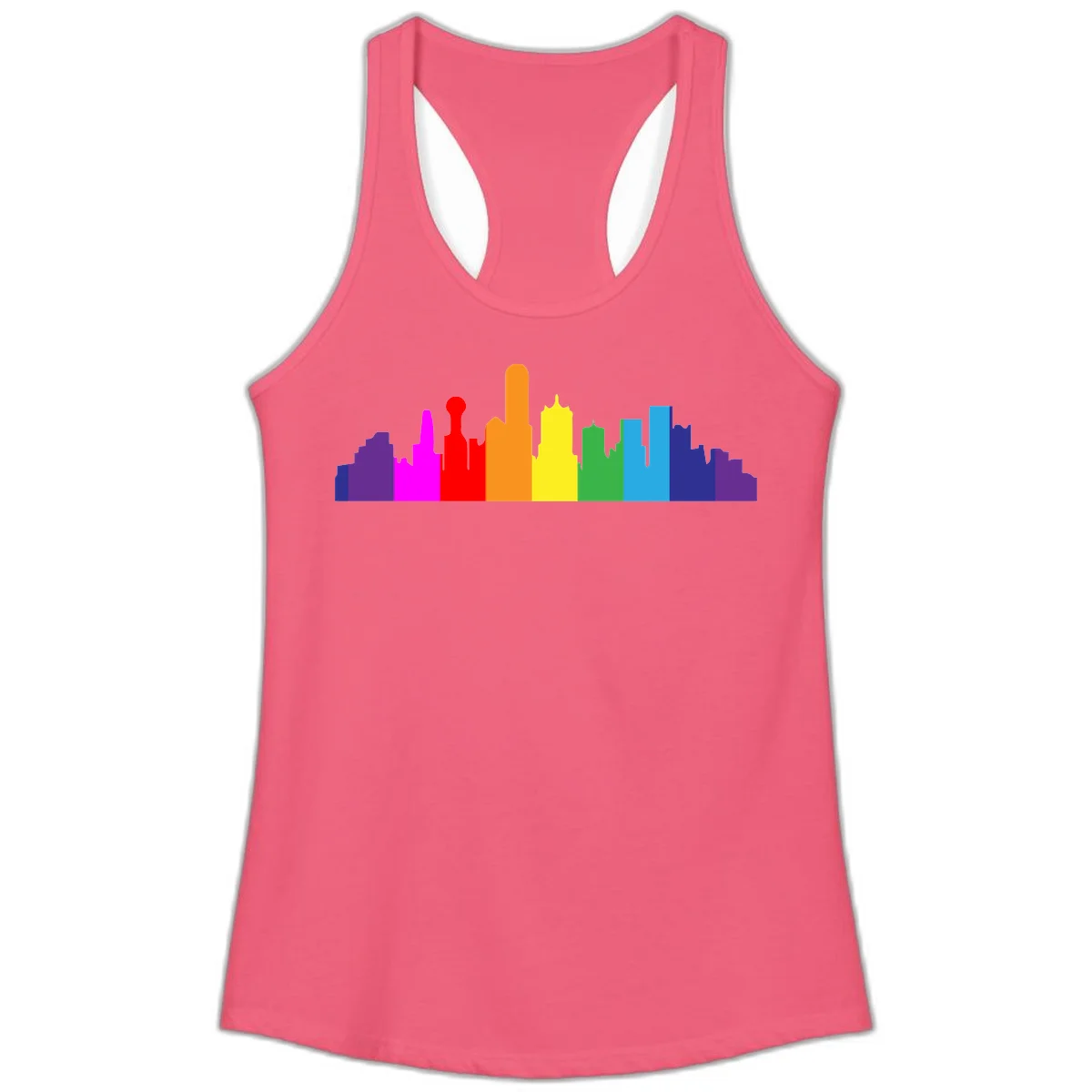 Colorful city skyline silhouette in rainbow pride colors transitioning from purple through red, orange, yellow, green, cyan and blue in Hot Pink