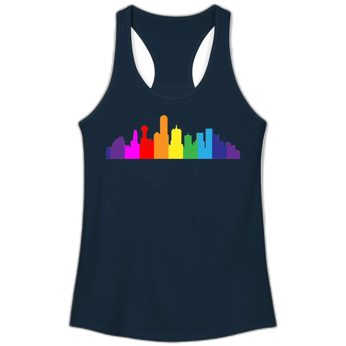 Colorful city skyline silhouette in rainbow pride colors transitioning from purple through red, orange, yellow, green, cyan and blue in Solid Midnight Navy