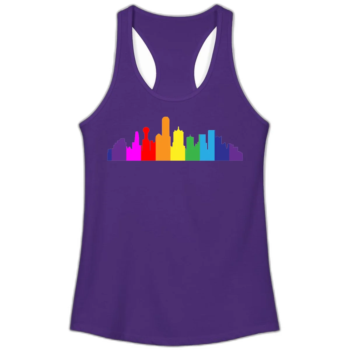 Colorful city skyline silhouette in rainbow pride colors transitioning from purple through red, orange, yellow, green, cyan and blue in Solid Purple Rush