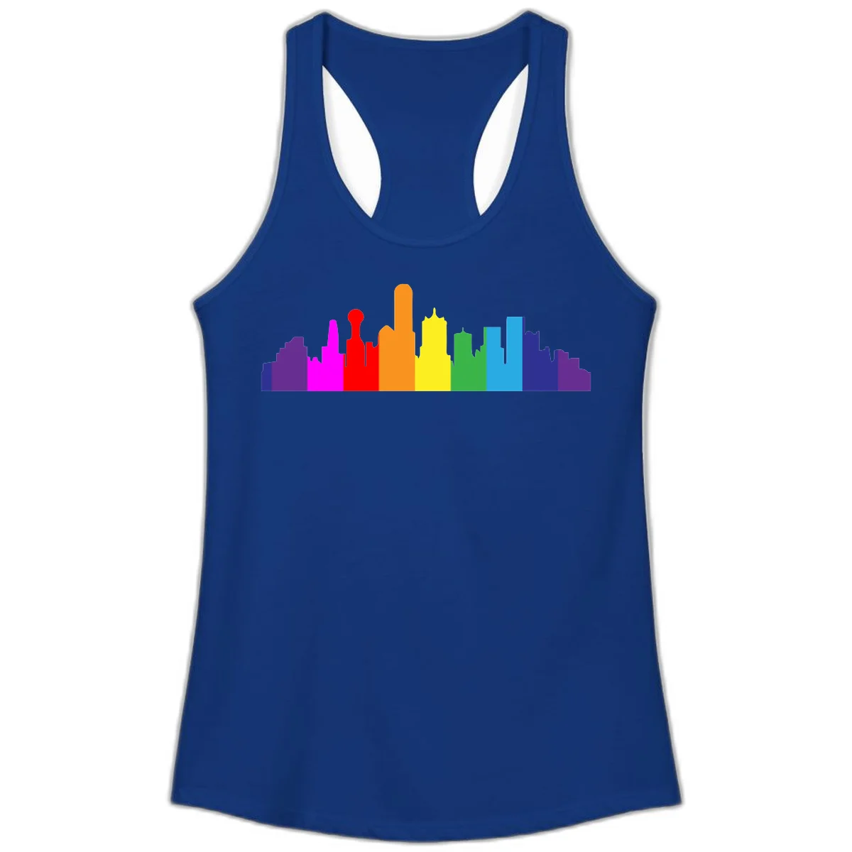Colorful city skyline silhouette in rainbow pride colors transitioning from purple through red, orange, yellow, green, cyan and blue in Solid Royal