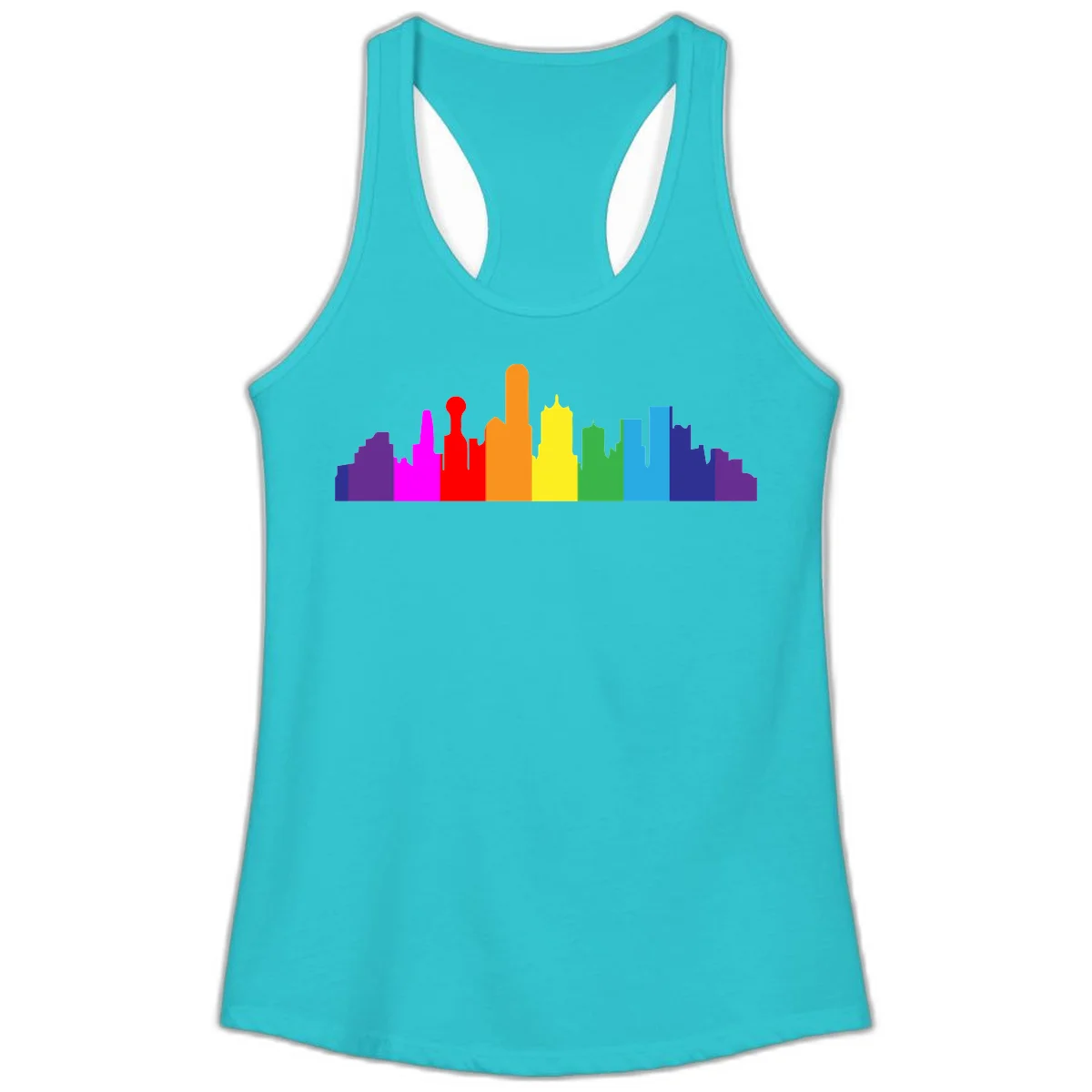 Colorful city skyline silhouette in rainbow pride colors transitioning from purple through red, orange, yellow, green, cyan and blue in Solid Tahiti Blue