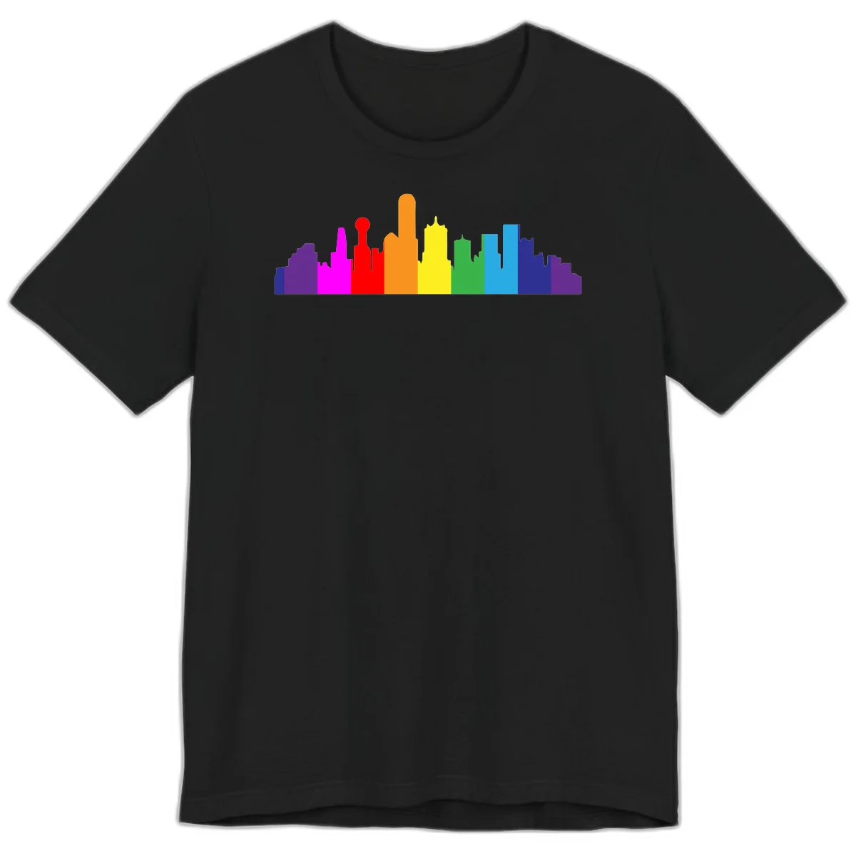 Colorful city skyline silhouette in rainbow pride colors transitioning from purple through red, orange, yellow, green, cyan and blue in Black