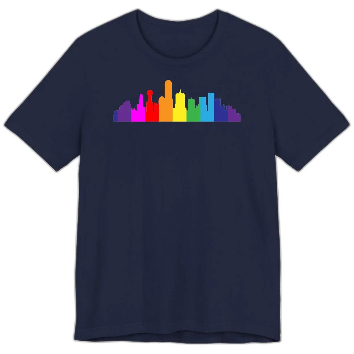Colorful city skyline silhouette in rainbow pride colors transitioning from purple through red, orange, yellow, green, cyan and blue in Navy